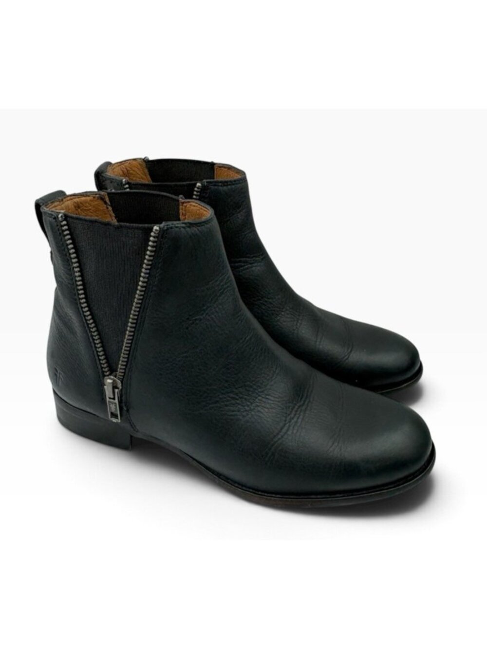 -Frye Carly Zip Chelsea Boots US 6.5 Black Leather Double Zip Ankle Booties